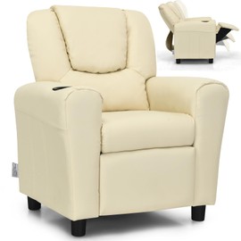 BETTARY Kids Recliner Chair, Children PU Leather Lounge Chair with Adjustable Backrest, Footrest, Headrest & Cup Holder, Toddler Couch for Boys & Girls, Beige