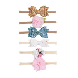 Nishine Baby Girls Nylon Headbands and Bows Toddler Glitter Bowknot Hairbands Newborn Hair Accessories Gift Party Shower (Set C-6pack)