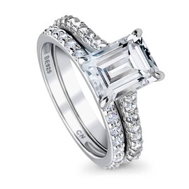 BERRICLE Sterling Silver Solitaire Wedding Engagement Rings 2.6 Carat Emerald Cut Cubic Zirconia CZ Ring Set for Women, Rhodium Plated Size 7.5