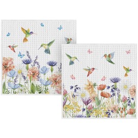 Artoid Mode Anemone Flower Hummingbird Kitchen Dish Cloths, 12x12 Inch Quick Dry Microfiber Dishcloths for Kitchen Premium Dish Rags Set of 2