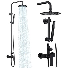 Rainsworth Outdoor Shower Kit Matte Black - Single Handle Brass Valve, 8 Inch Rain Shower Head and Handheld Spray Shower Fixture Combo, 304 Stainless Steel Wall Mount