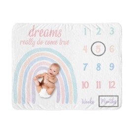 Sweet Jojo Designs Pastel Rainbow Girl Milestone Blanket Monthly Newborn First Year Growth Mat Baby Shower Memory Keepsake Gift Picture - Blush Pink Purple Teal Blue and White Watercolor Dreams