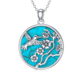 Natural Turquoise Hummingbird Necklaces S925 Sterling Silver Hummingbird Pendant with Flowers Animal Hummingbird Necklaces Jewelry Anniversary Birthdays Gratuation Gifts for Women Girlfriend Mom Daughters