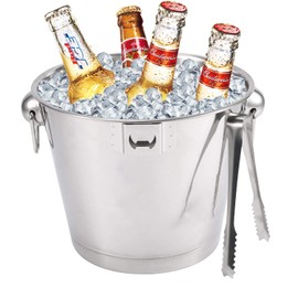 Ice Bucket, Stainless Steel Double Cooled Champagne Buckets with Corkscrew, Ice Bucket with Handles and Tongs for Families, Gatherings, Barbecues, Picnics, Parties, Bars Silver-6L