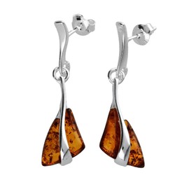 Cognac Amber Sterling Silver Earrings - Unusual Art Deco Amber Fancy Dangly/Dangle Drop for Women/Teenage/Girls - 925 Sterling Silver - Amber Jewellery 070432