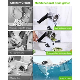Birshe Cheese Grater with Crank, Grater for Vegetables with 3 Drum Blades, Drum Grater, Rotary Cheese Grater Chopper and Easy Cutting, Vegetable Slicer, Ideal for Cheese, Cucumbers, Carrots, Nuts