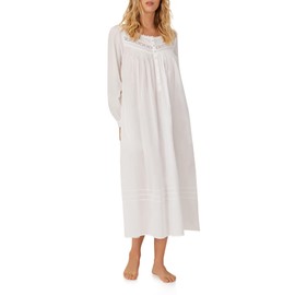 Eileen West Queen Anne's Lace Cotton Heirloom Dream Long Sleeve Nightgown with Pockets, Lace Trimmed Cuffs, 50-Inch Length, White, Large