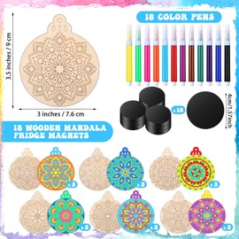 Cinnvoice 18 Pcs Christmas Mandala Fridge Magnet Color Your Own Wooden Magnet Ornament Xmas Decorative Mandala Magnetic Stickers for DIY Craft Christmas Party Fridge Refrigerator Door Decor Gifts