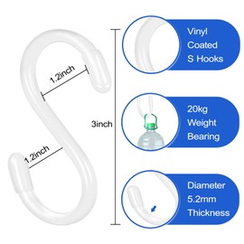 20 Pack Vinyl Coated S Hooks for Hanging - Heavy Duty, Non Slip 3 Inch Closet Hooks - Steel Metal White Small Hooks for Plants, Jeans, Pots, Pans, Coffee Cups