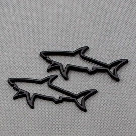 2pcs Metal Hollow Shark Logo Side Wing Door Fish Car Rear Lid Trunk Badge 3D Sticker Emblem (Matte Black)