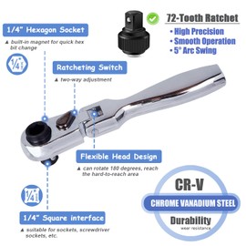Mesee 1/4" Drive Ratchet Wrench, 2-in-1 Hex Bit Driver & Socket Wrench Flex Head Ratchet 72-Tooth Reversible Ratchet Wrench Mini Ratcheting Spanner Hand Repair Tool