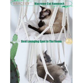 KARCEEY Macrame Cat Hammock,Macrame Hanging Cat Bed with Catnip Cushion and Hanging Kit (1.Macrame Hammock with Cat Bed)