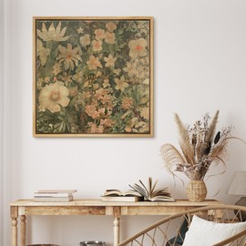 MUDECOR Framed Canvas Print Wall Art Vintage Gentle Meadows Blossoming Flowers Under Overcast Sky Wilderness Illustrations Modern Art Group Colorful for Living Room, Bedroom, Office - 24"x24" Natural