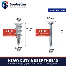 Drywall Anchors and Screws Kit, 200 Pcs Self Drilling Drywall Anchors, 100 Pcs Zinc Sheetrock Anchors and 100 Pcs #8 x 1-1/4" Metal Screws, Heavy Duty Hollow Wall Anchors, 75 Lbs Hanging Mounting