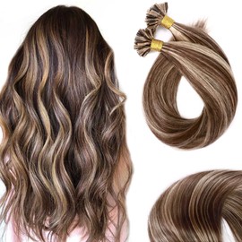 SEGO U Tip Hair Extensions Real Human Hair Pre Bonded Keratin Fusion Nail Tip Hair Balayage Natural Silky Straight Extensions 50 Strands 50g/Pack -20 Inch Medium Brown&Dark Blonde