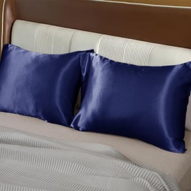 Moonlight Bedding Navy Satin Pillowcases 2 Pack- Pillowcase for Hair and Skin Luxury Satin Silk Pillowcases with Envelope Closure Satin Pillow Case Standard Size (50x75cm)