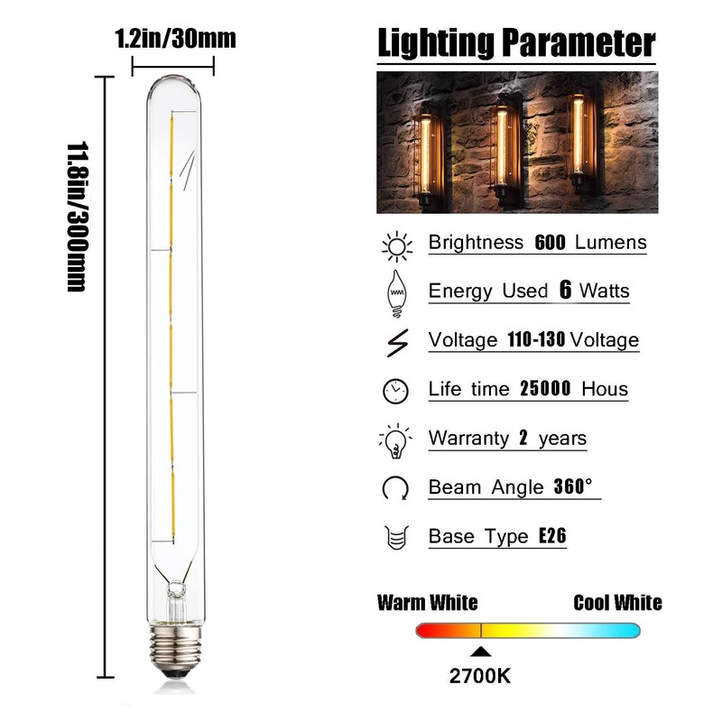 Leools Vintage LED Filament Bulb T300, 6W Dimmable T10 Edison