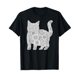 Adult Coloring Book T-Shirt - CAT Mandala Flowers