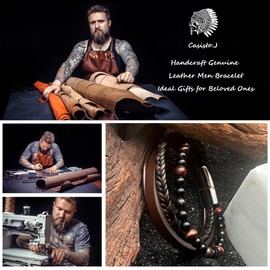 Casisto.J Men's Leather Bracelet Braided Beads Stainless Steel Brown Black Blue with Magnetic Clasp Jewellery in Gift Box