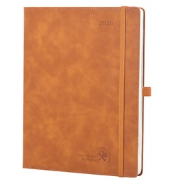 POPRUN Diary Week to View 2026 Large PU Leather Soft Cover Appointment Desk Book 26.5 x 21.5 cm - 26 Weekly Planner & Notebook in One, Inner Pocket, Monthly Tab (Brown）