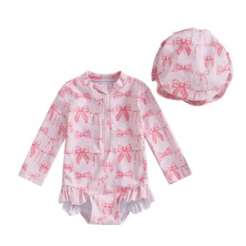 Baby Girl Swimsuit Baby Girls Long Sleeve One Piece Swimsuit Romper with Hat Bathing Suit Beach Rash Guard (Pink, 18-24 Months)