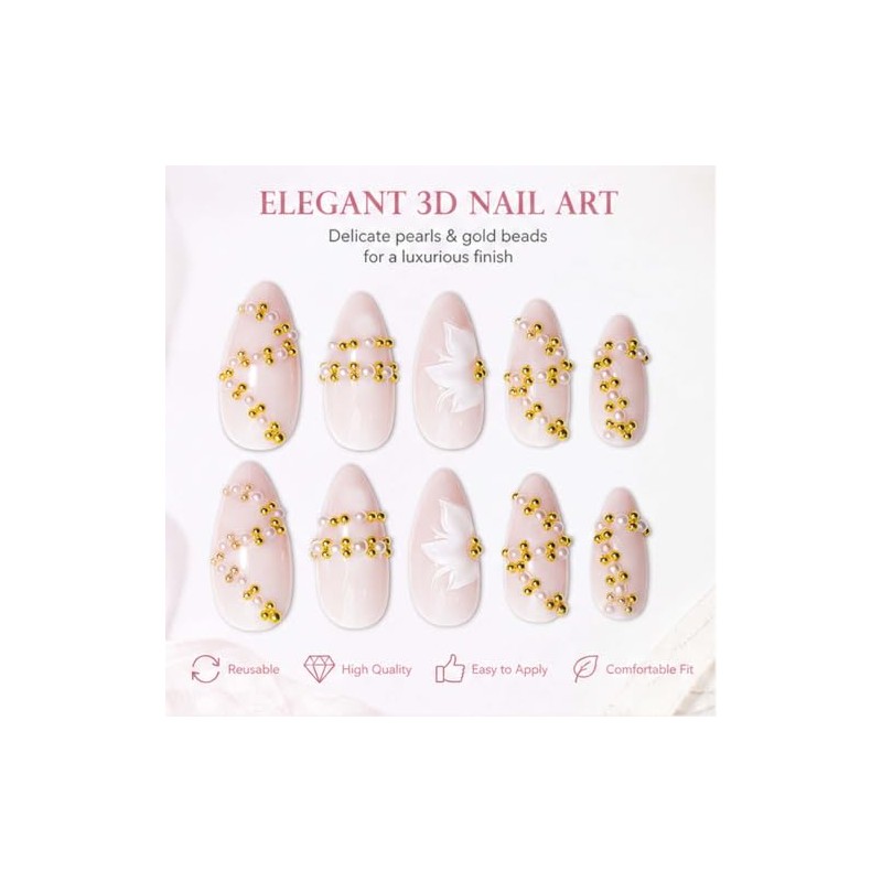 Uñas postizas medianas almendradas, color rosa nude con flores blancas