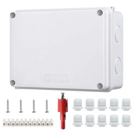 POFET IP65 Junction Box -Mounted Waterproof, 150x110x70mm, Large ABS Junction Box Outdoor, AP Terminal Box with Cable Gland for 6-12 mm, White Junction Box Garden