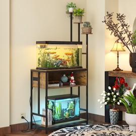 Welfuturer Aquarium Stand with Plant Shelves,20-Gallon Fish Tank Stand with 2-Tier Storage and Display Racks,Metal Frame Reptile Tank Table with Tall Plant Holders,Industrial Rack for Home,Office