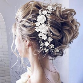 Kiiwah Bridal Flower Wedding Hair Vines Silver Crystal Headband and U-Shaped Pearl Hair Pins Flower Leaf Headpiece Bridal Hair Accessories for Women Girls