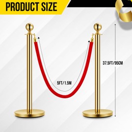 Stanchion Post with Velvet Rope, VIP Stanchion Queue Pole Barrier Posts, Red Carpet Stanchion Set, Gold 10-Pack