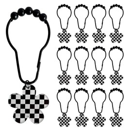 Black Flower Shower Curtain Hooks 12 Pcs, Resin Flower Rust Proof Shower Curtain Rings for Bathroom, Metal Decorative Shower Curtain Hangers Bathroom Accessories (Check)