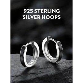 Bandmax 10mm Dainty Small Sterling Silver Black Two Tone Huggie Earrings Hoops for Men Women Minimalistic Black Stripe Hoop Earrings Silver Jewelry Gift for Birthday Christmas
