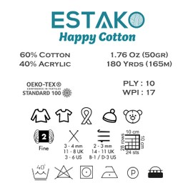 Estako Happy Cotton, 60% Cotton 40% Acrylic Yarn, Soft, Fine/Sport (2) for Crochet and Knitting 1.76 Oz (50g) / 180 Yrds (165m) (4140 - Dark Grey)