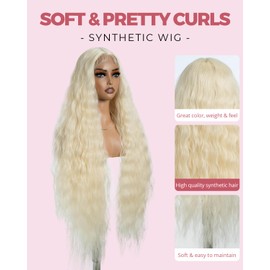 Style Icon 613 Blonde Super Long Lace Front Wig 40 Inches Long Curly Wave Wig for Women Synthetic Lace Front T Part Wig Pre Plucked Heat Resistant Fiber 150% Density