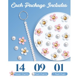 Toykee Pearl Flower Charms for Bogg Bags Accessories Women Girls with Detachable Chain - Stylish Durable Decorative for Croc Simply Southern Totes Rubber Beach Bags White Red