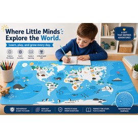 Carethos Kids World Map Desk Mat, Educational PU Leather Table Mat, Non-Slip Waterproof Desk Pad for Boys & Girls, Learning Geography Study Mat, School Desk Protector, Gift for Children 31.5" X 15.7"