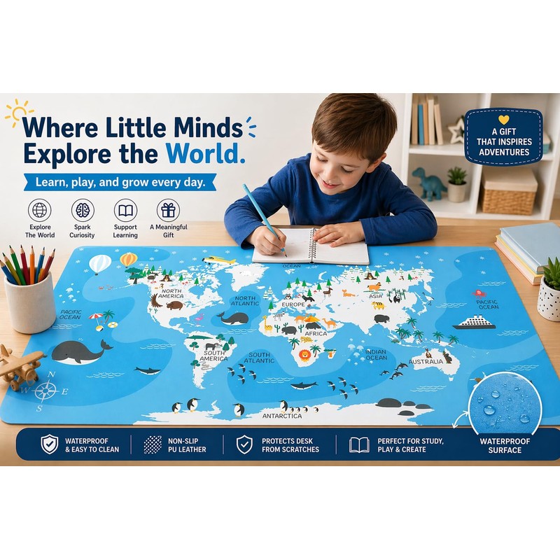 Carethos Kids World Map Desk Mat, Educational PU Leather Table