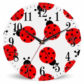 Mxocom Ladybug Wall Clock Red and Black Ladybug Pattern 10 Inch Silent Non Ticking Battery Operated Clock Vintage Round Clock for Living Room Bedroom Bathroom Office Decor