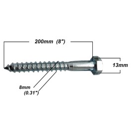 M8 Coach Wood Screws Hex Head Width 13mm Zinc Plated Steel Screw Hexagon Lag Half Thread Self-Tapping Bolts Silver Long 8inch 8 x 200mm (8" x 0.3") Box of 3 pcs