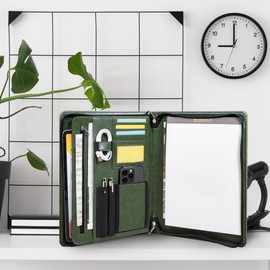 Business Portfolio Binder,Leather Portfolio,Portfolio Organizer,Leather Folder,Padfolio,File Folders，Portfolio Folder,Binder with clipboard,Office ornanziation (Green)