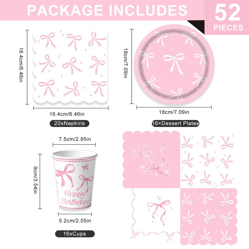Bikasun Pink Bow Party Tableware Set Princess Children's Birthday Tableware