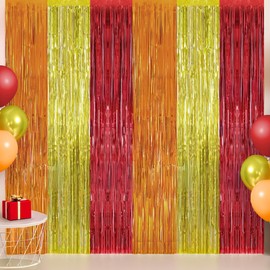 KatchOn, Orange, Gold and Maroon Fringe Backdrop - Pack of 2 | Fringe Streamers for Thanksgiving Decorations, Fall Decor | Foil Fringe Curtains for Birthday, Anniversary Decorations