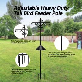 92Inch Shepherds Hooks for Outdoor with Squirrel Baffles – 6 Adjustable Hooks, 5 Prongs Base – Tall Bird Feeder Pole & Garden Stand for Hanging Plants, Lanterns, Hummingbird Feeders (black, 92inch)