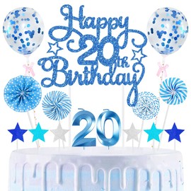 20th Geburtstag Kuchen Dekoration Kuchen Toppers Zahl Kerzen Birthday Torten Dekoration Sternen Papierfächer Ballon Torte Toppers Kuchendeko für 20. Geburtstag Dekorationen Party Zubehör, Blau