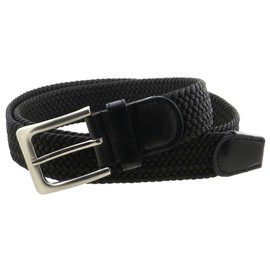 Mens Braided Elastic Stretch Belt Leather Tipped End and Silver Metal Buckle (Black-L)