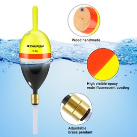 THKFISH Fishing Bobber, Wooden Slip Bobber for Fishing, Fishing Float with Bass Pendant for Crappie, Walleye, Salmon Fishing, 5 Pieces (Yellow/Black, 8.5 g - 5 Pieces)