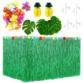 55 Piezas de Decoración Tropical Hawaiana para Fiesta Faldones de Mesa Falda de Mesa Hawaiana para Fiestas con Hojas de Palma Flores Luau Piña de Seda para Decoración de Fiesta Temática isl (Verde)