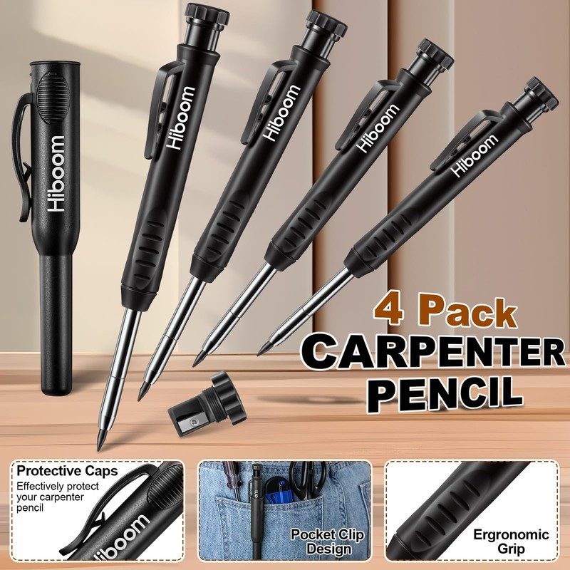 Hiboom 4 Pack Carpenter Pencils with 36 Refills (Red, Black,