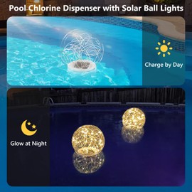FineBud Pool Chlorine Floater with Solar Ball Lights, Floating Pool Chlorine Dispenser for 4x3” Chlorine Tablets, Easy Opening Chlorine Tablet Holder Floater, Anti-Sinking Spa Chemical Dispenser