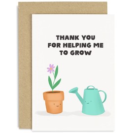 Old English Co. Cute Thank You Card for Teacher - 'Thanks For Helping Me To Grow' Watering Can and Flower End of Year Card for School Teacher, Mentor, Tutor from Student | Blank Inside with Envelope